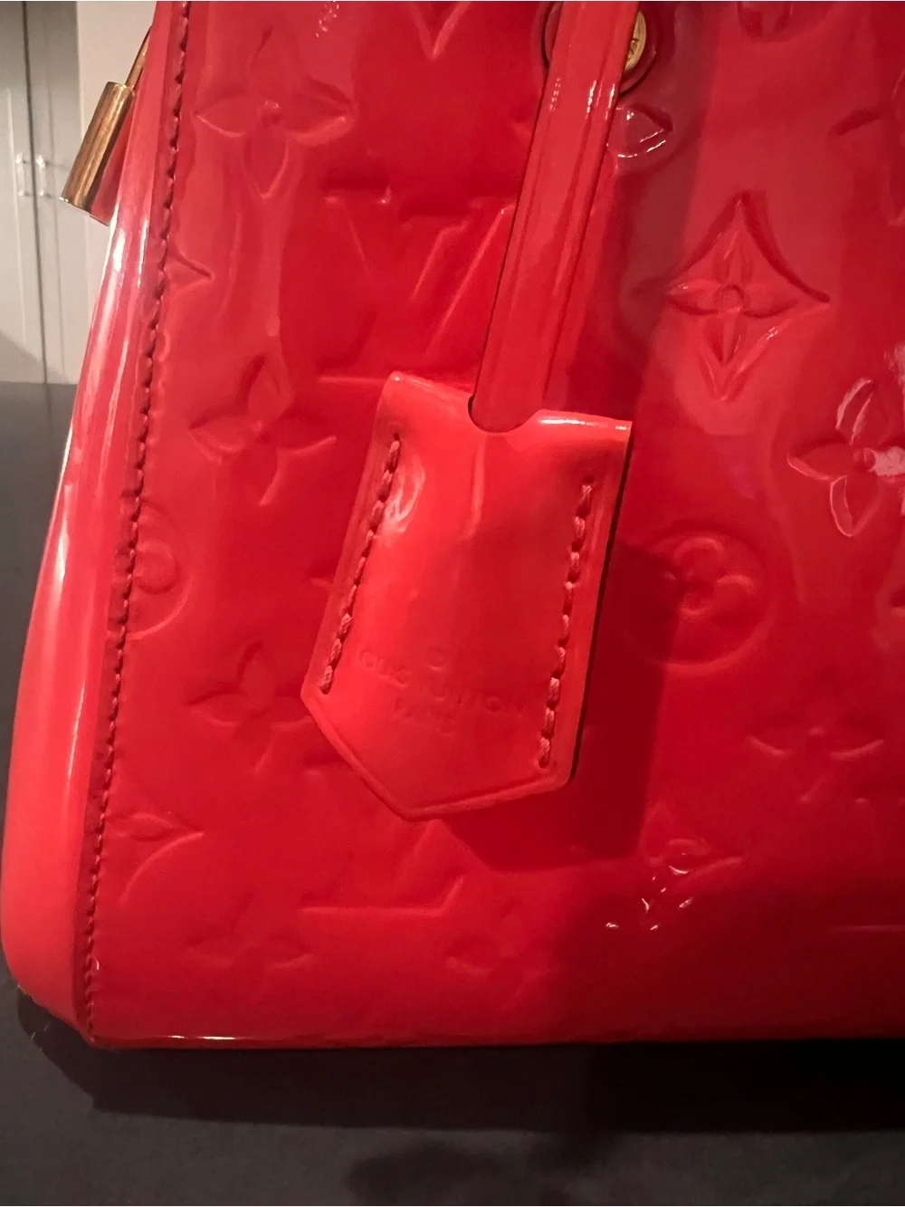 Louis Vuitton Montaigne BB Vernis Monogram Coral Top Handle Satchel
